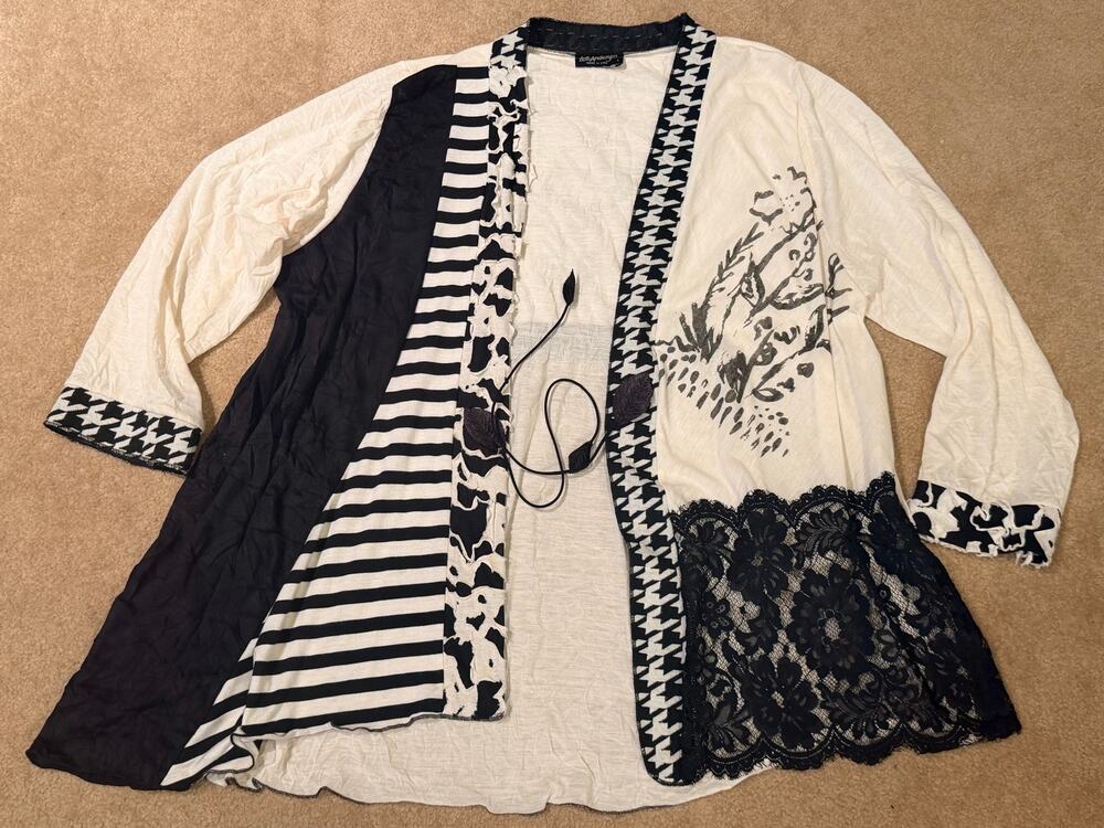 Lee Andersen Art to Wear Cardigan L Black White Mixed Media Patchwork Lace Boho